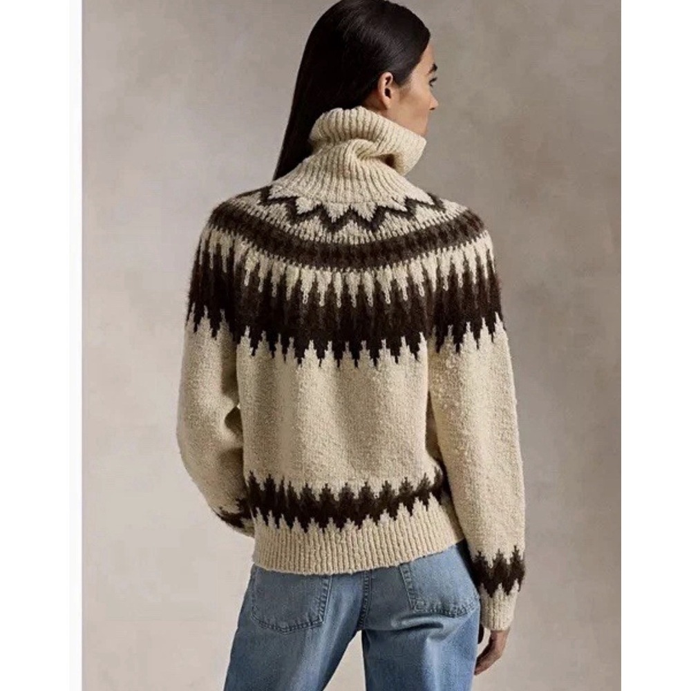 Polo Ralph Lauren Fair Isle Turtleneck Wool Knit Sweater Beige Western Alpaca S